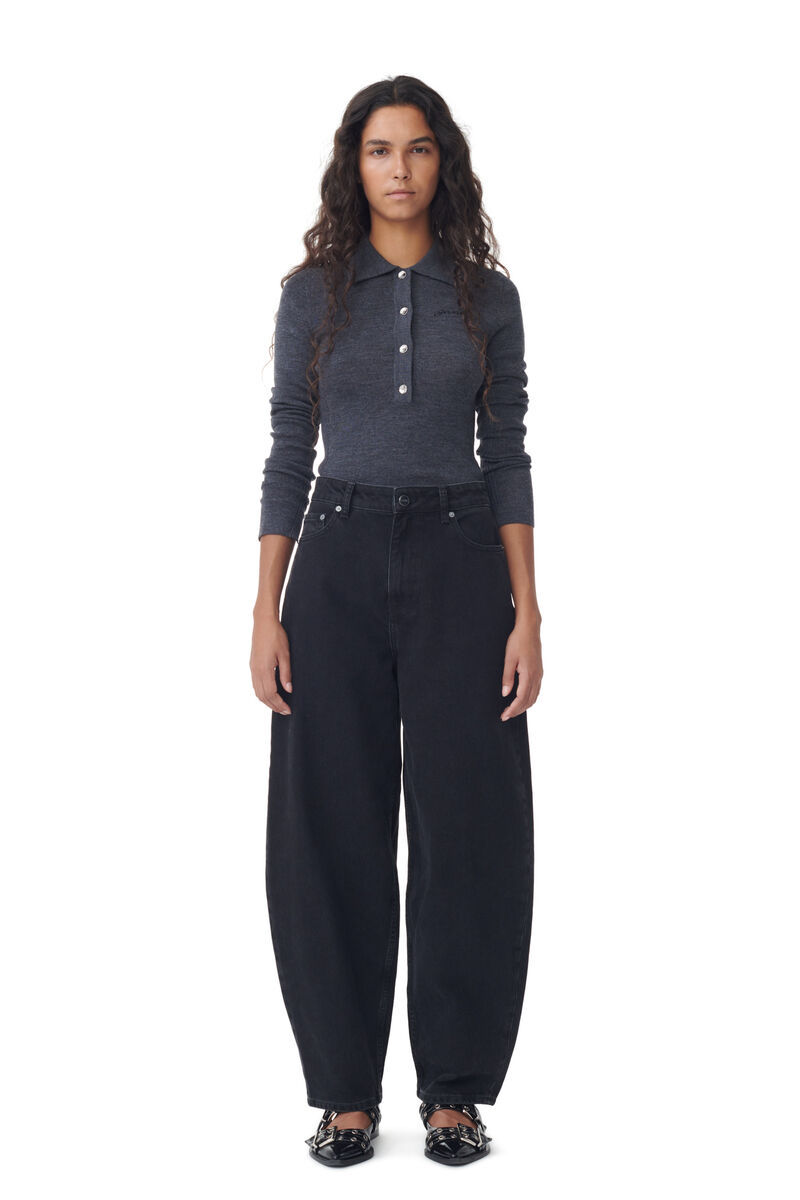 Ganni Black Pants With High Waist And Logo Patch On The Rear In Cotton Woman In Black