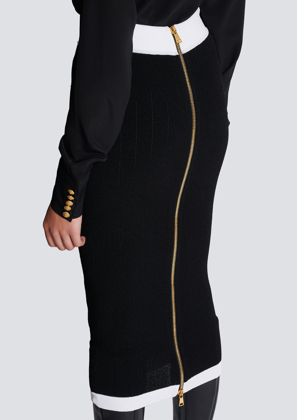 Balmain Button-embellished Ribbed-knit Midi Skirt In Black
