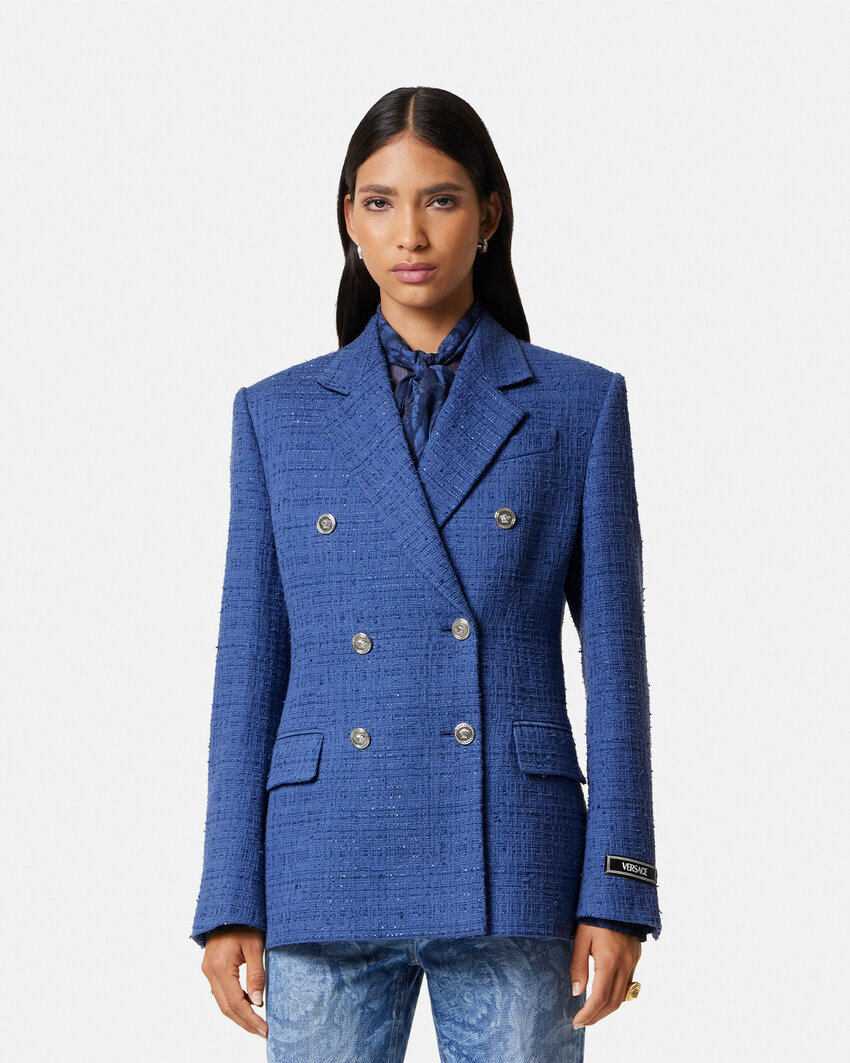 Shop Versace Metallic-threading Double-breasted Blazer In Blue