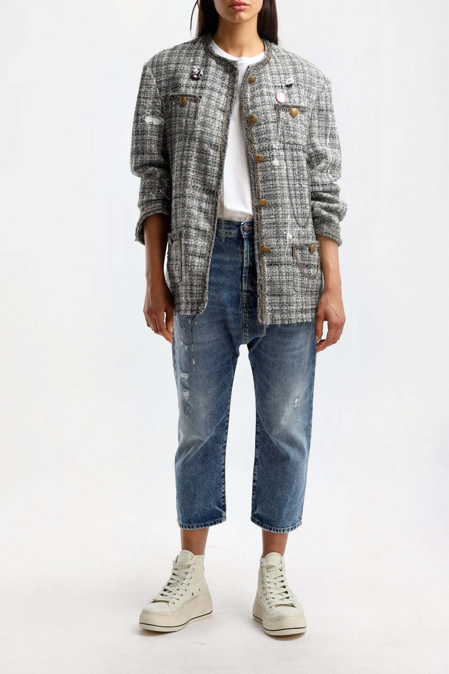 R13 Paint-splatter Buttoned Tweed Jacket In Gray