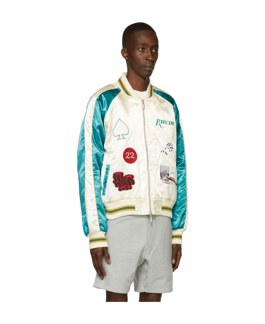 Rhude Cropped Colour-block Logo-embroidered Satin Bomber Jacket In White