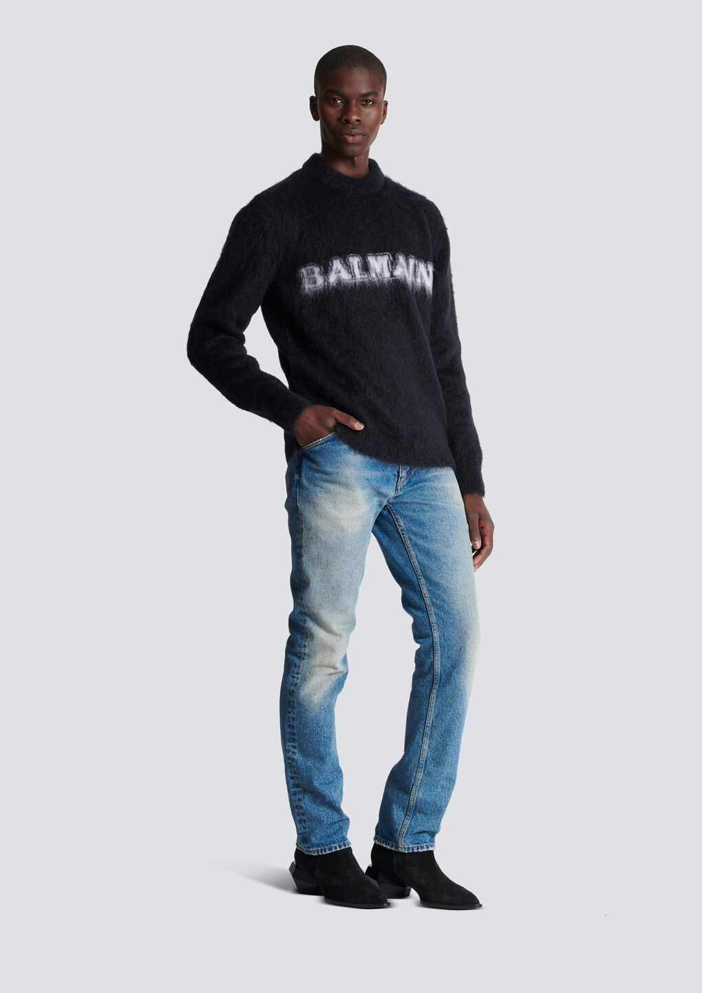 Balmain Black Crewneck Sweater With Maxi Logo Lettering On The Front And Brushed Effect In Wool Blen In Black