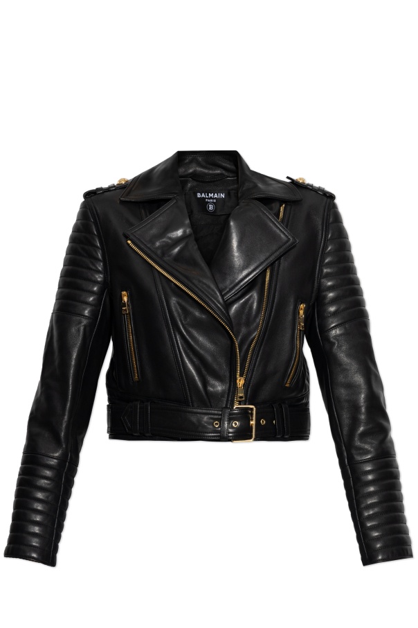 Balmain Long-sleeved Leather Jacket In Black