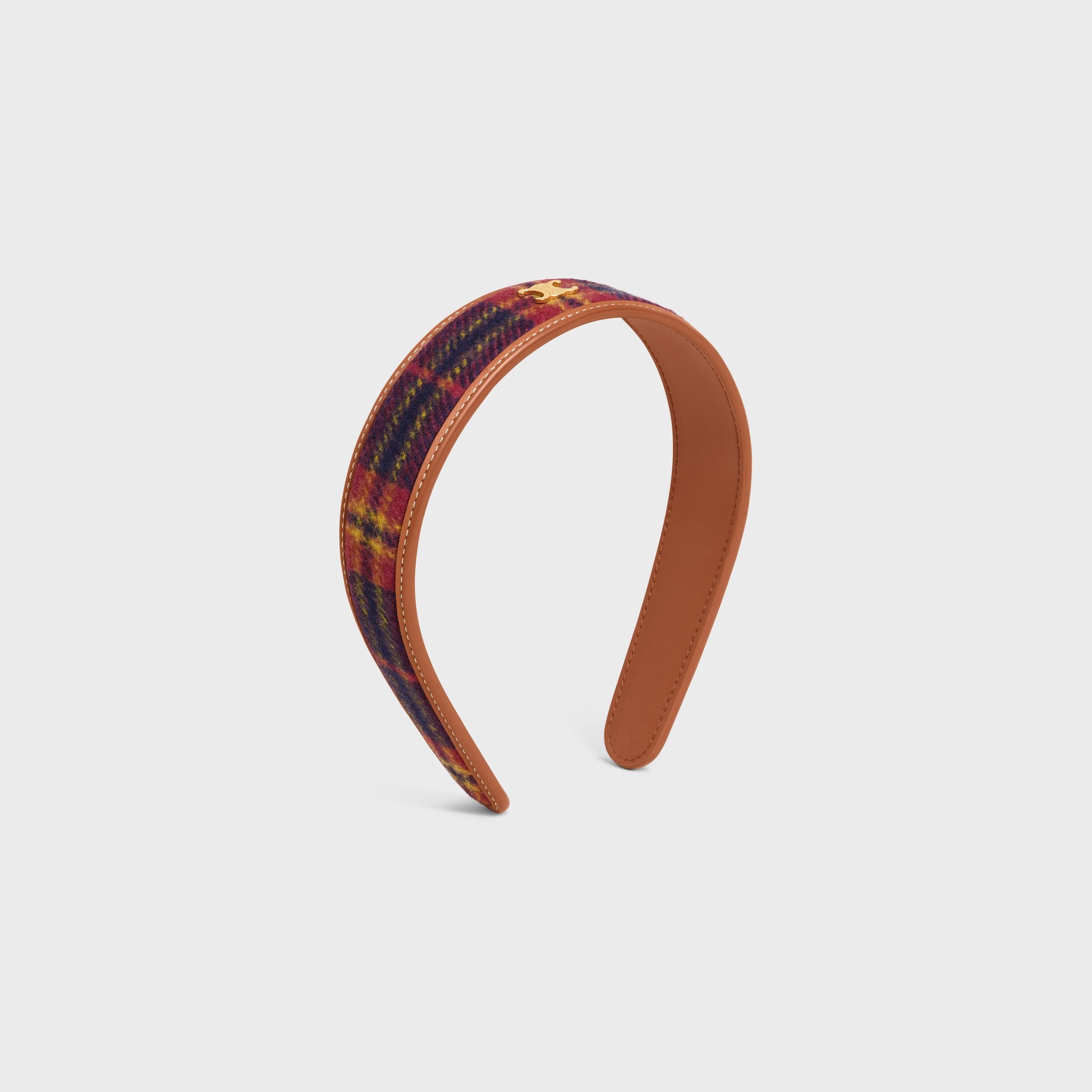 Celine Tartan Headband In Calfskin, Wool And Brass With Gold Finish In Brown