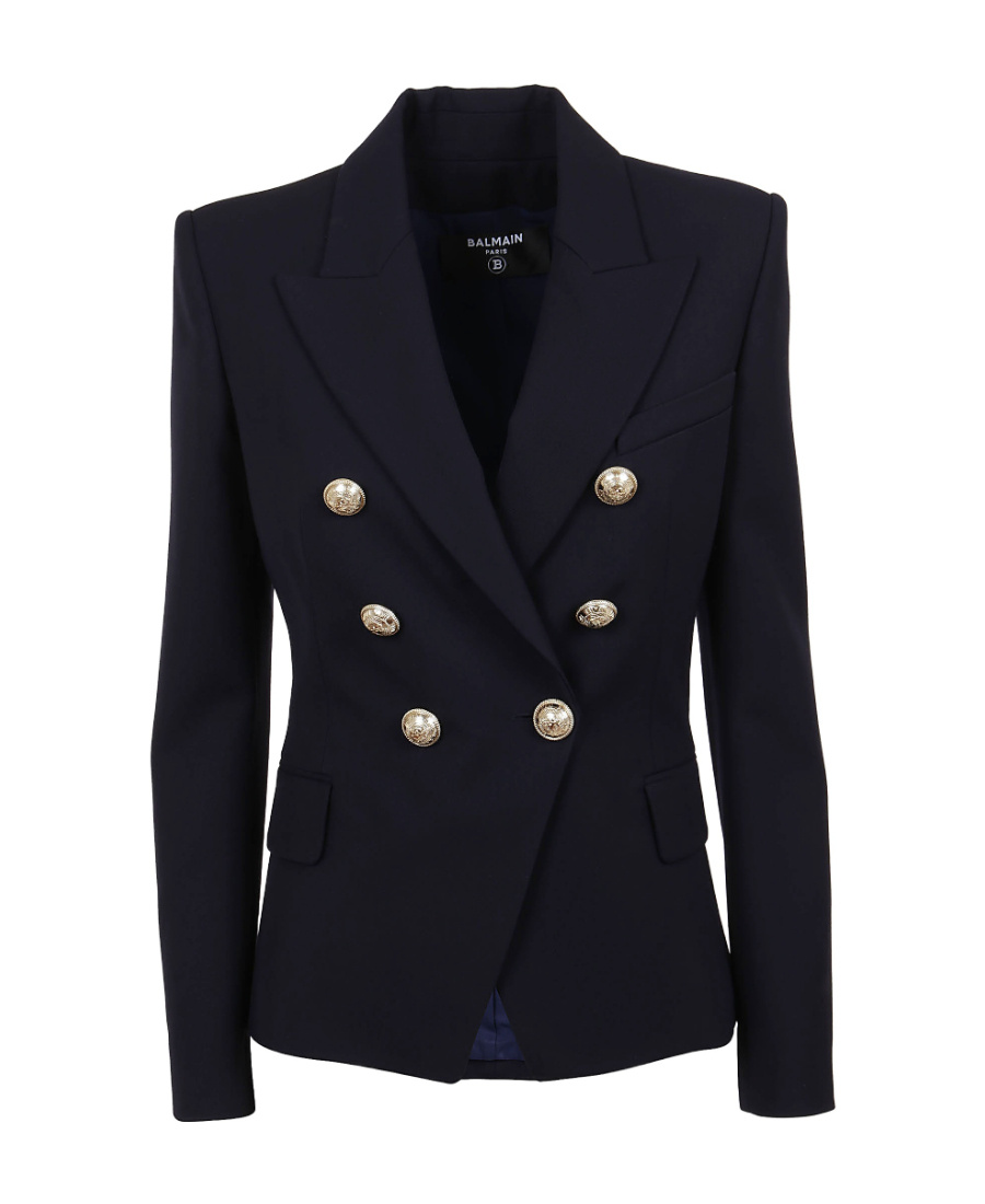 Balmain Black Double-breasted Jacket With Branded Buttons And Asymmetric Cut In Wool Woman In Black