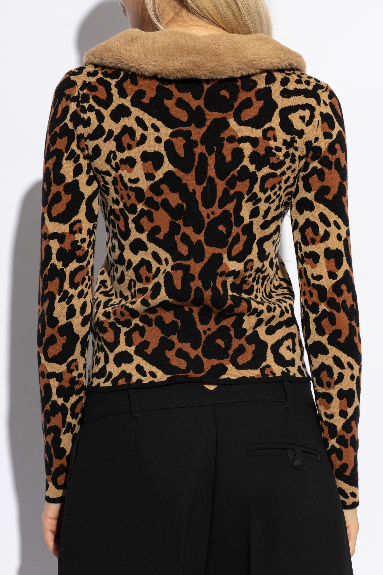 Blumarine Viscose Blend Cardigan With Faux Fur Collar In Brown