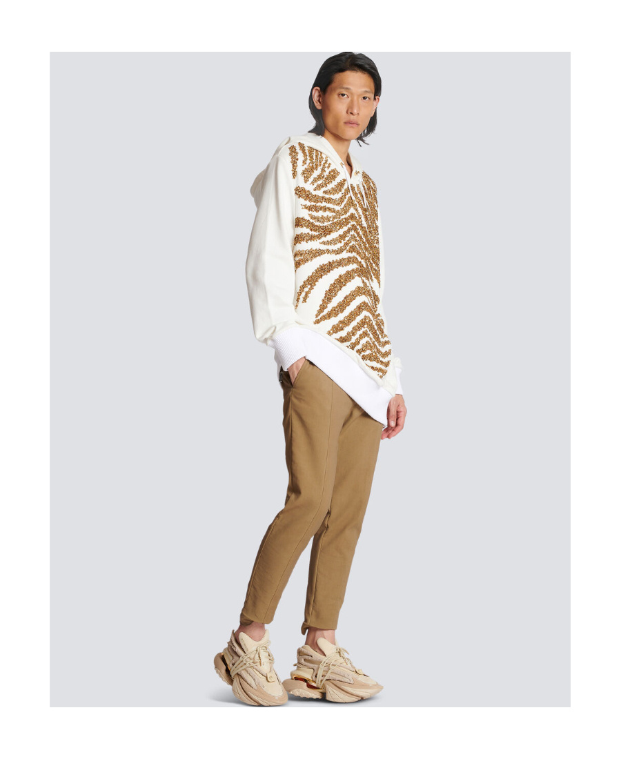 Shop Balmain Hoodie With Embroidered Zebra Stripes In White