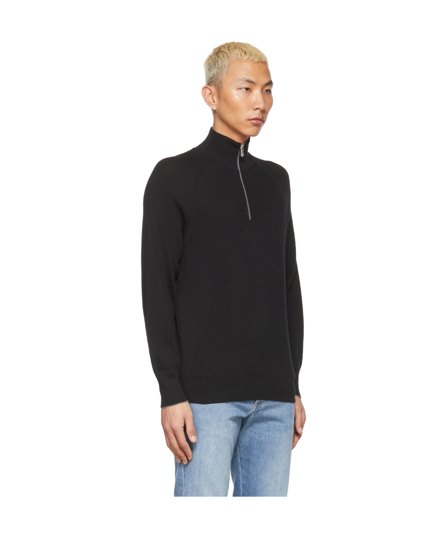 Brunello Cucinelli English Rib Cotton Sweater With Zip Opening And Raglan Sleeves In Black