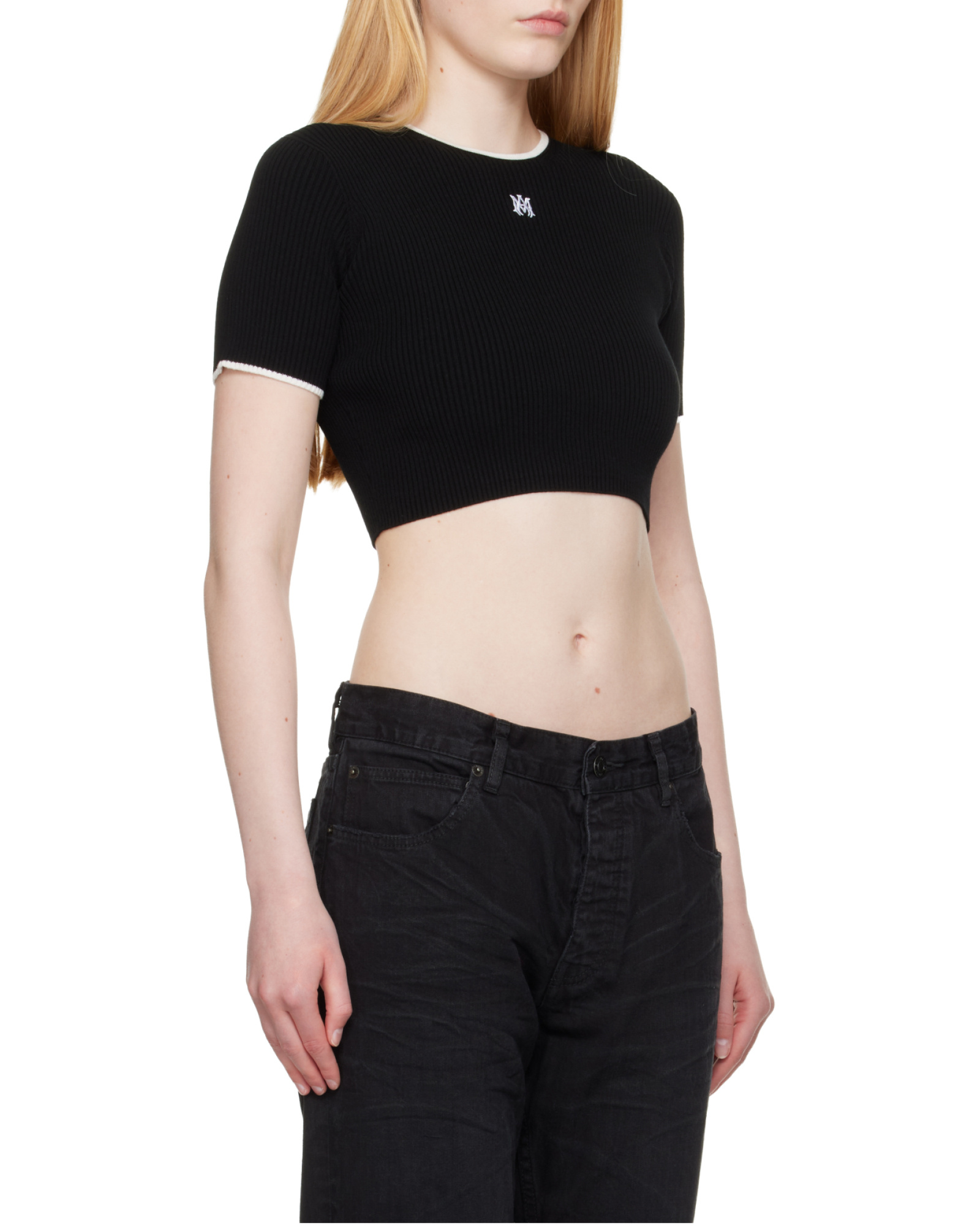 Amiri Ribbed Texture Crop Top With Contrast Trim In Black