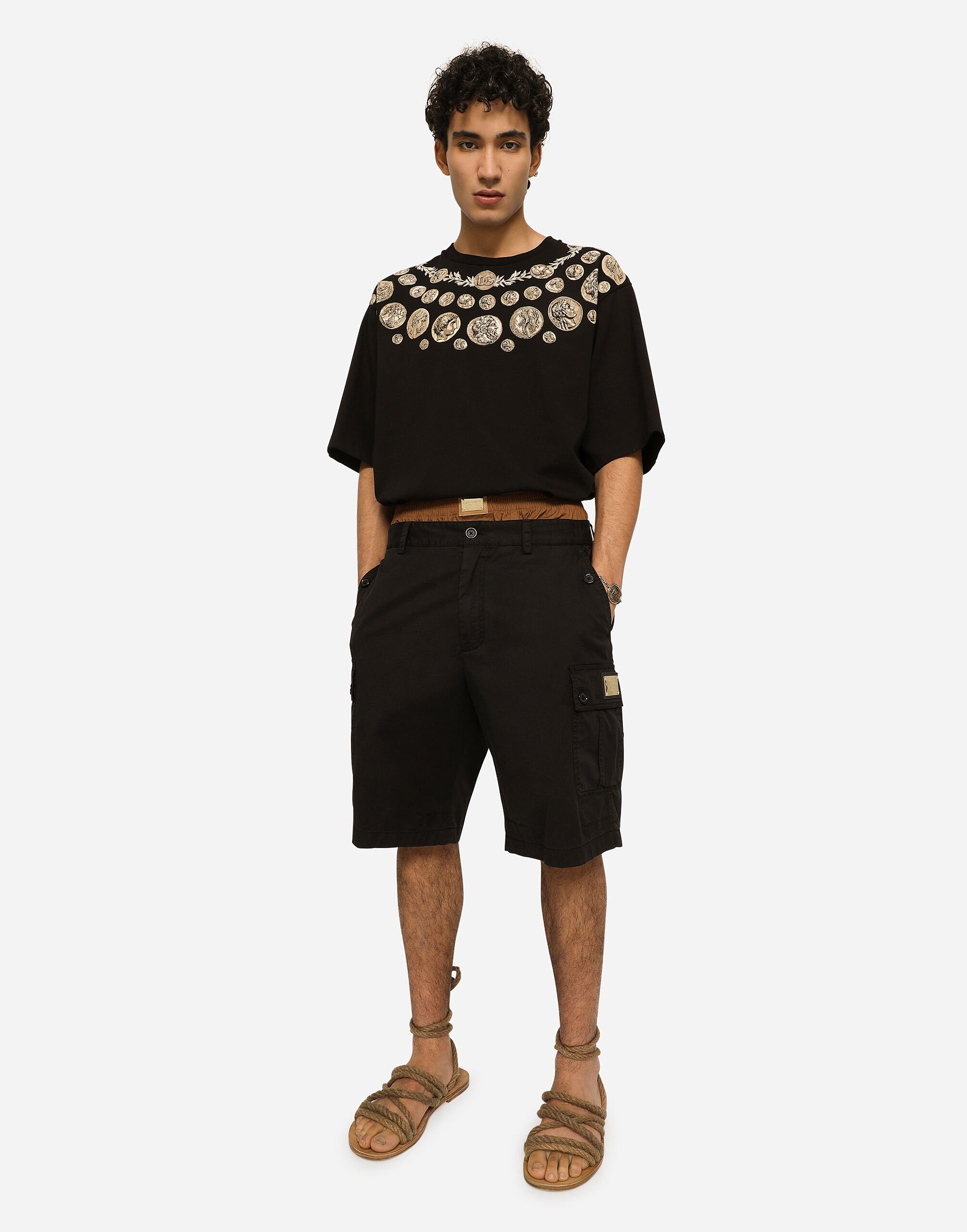Dolce & Gabbana Cargo Cotton Stretch Bermuda Shorts With Logo Plaque In Black