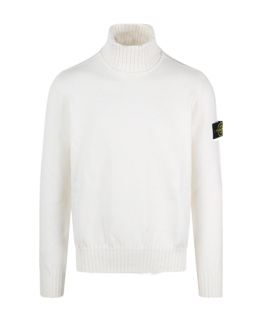 Stone Island Fitted Off-white Turtleneck Sweater With Logo Detail In White