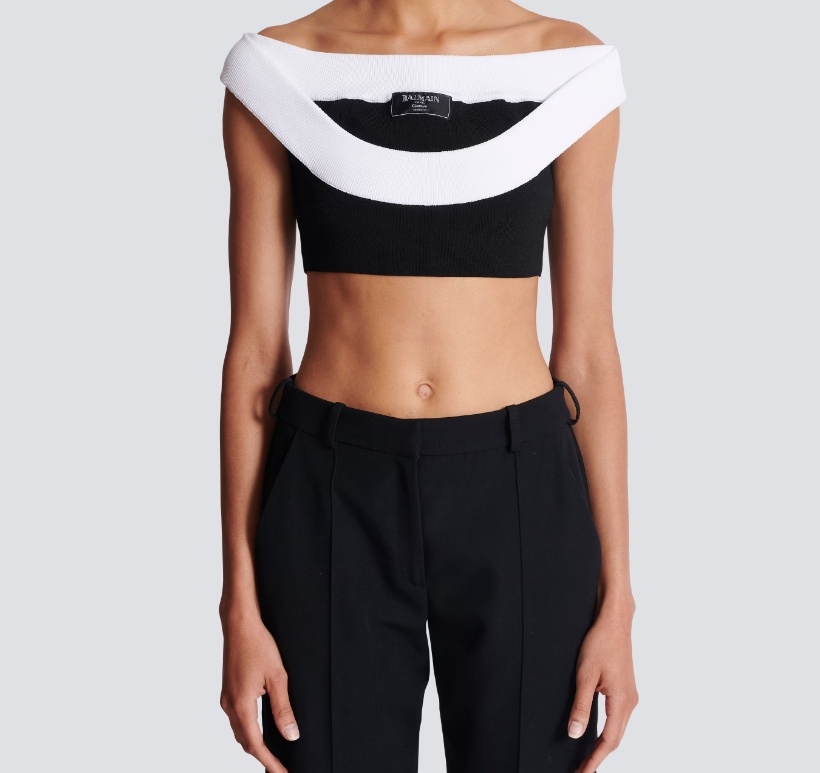 Balmain Two-tone Knit Cropped Top With Double Neckline In White