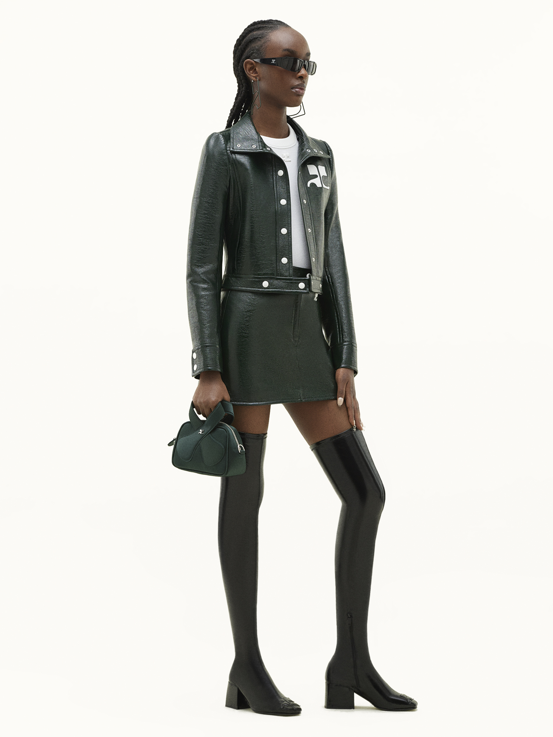 Courrèges Glossy Vinyl Mini Skirt With Fitted Zip Closure And Snap Button In Gray