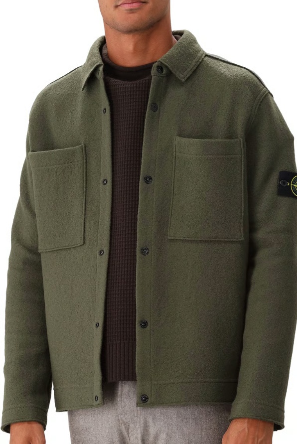 Stone Island Men's Wool Blend Snap Front Overshirt In Green