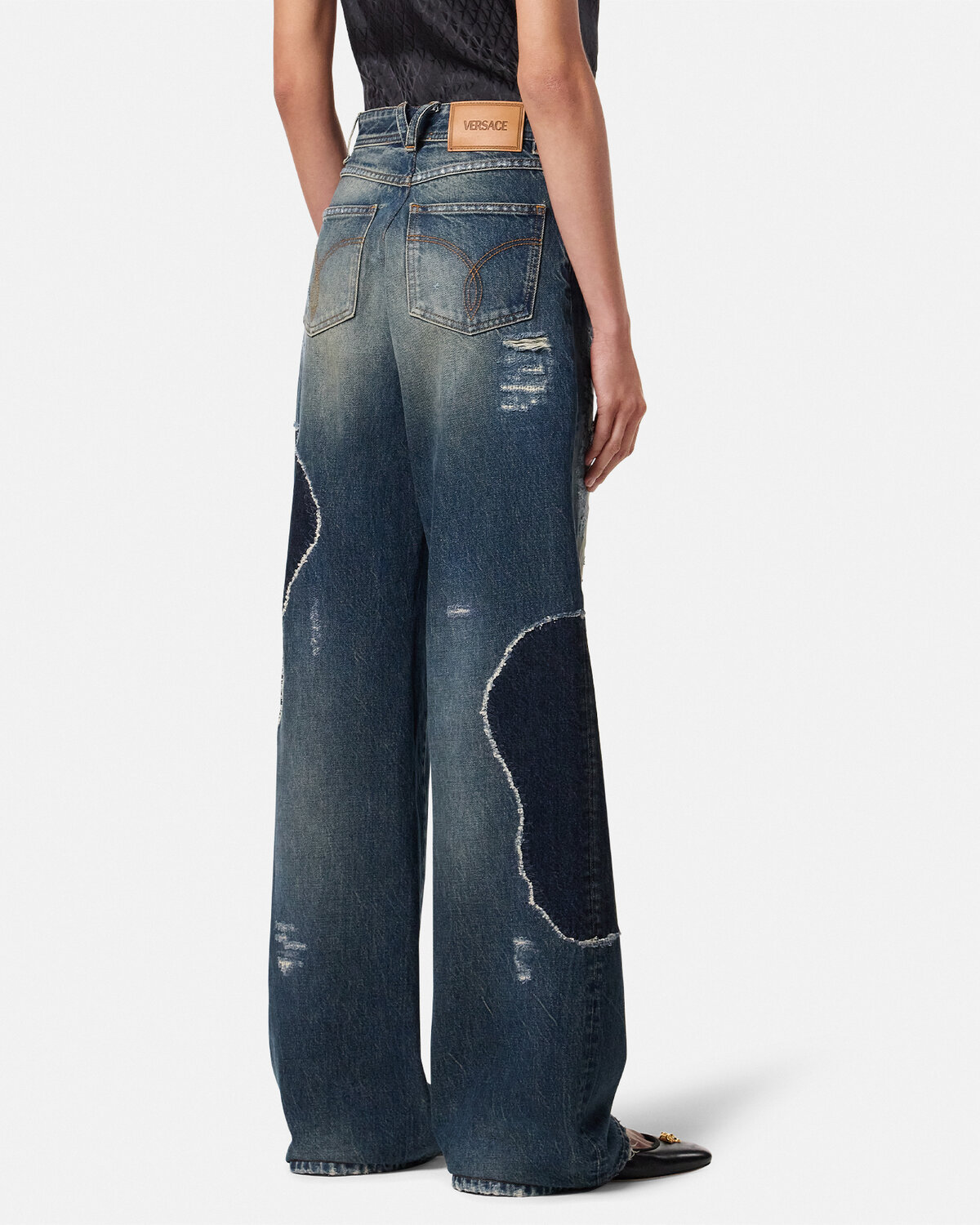 Versace Distressed Patchwork High-rise Wide-leg Jeans In Blue