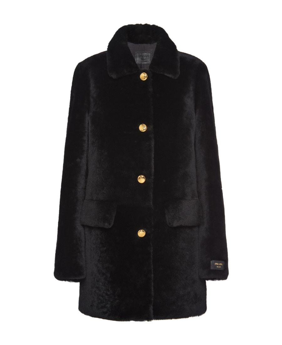 Prada Shearling Fur Coat In Black