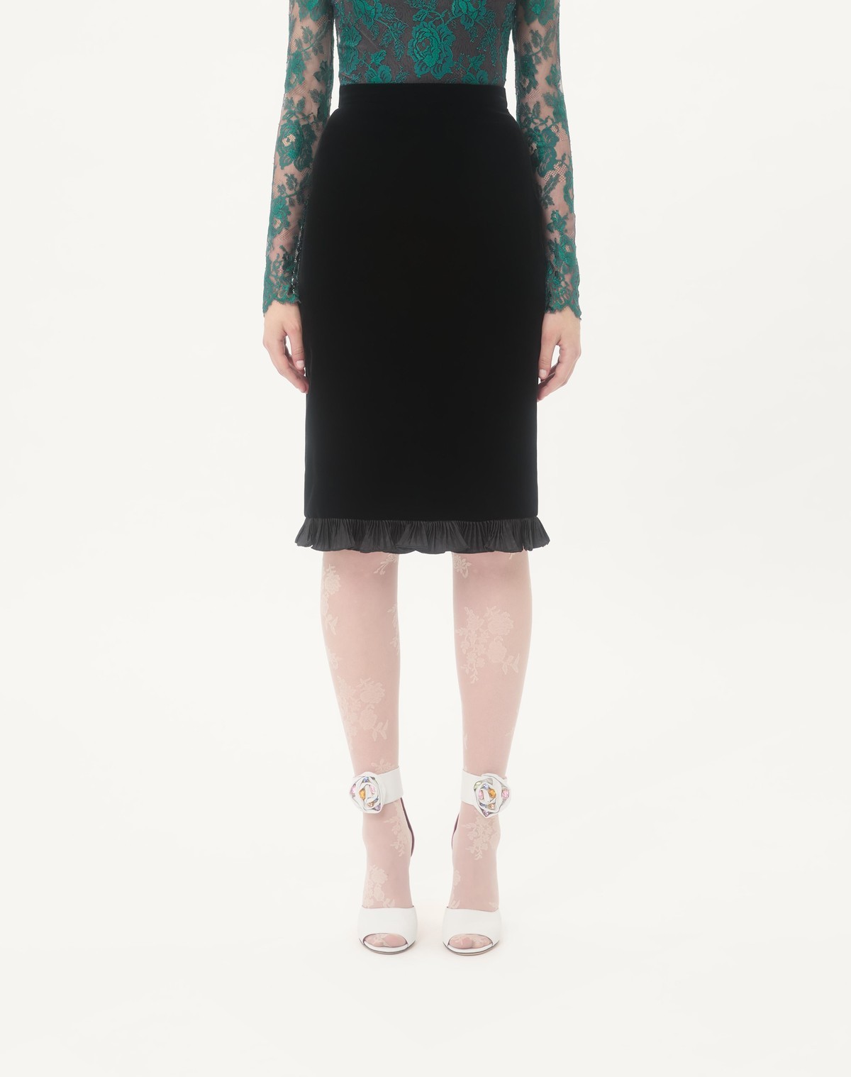 Valentino Velvet Ruffled Pencil Skirt In Black