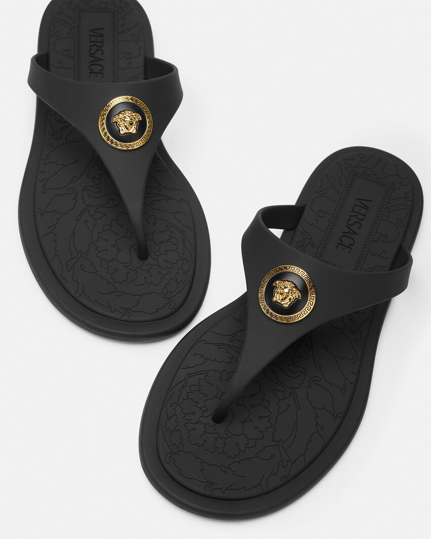 Versace Flat Sole Open Toe Sandals With Medusa Motif In Black