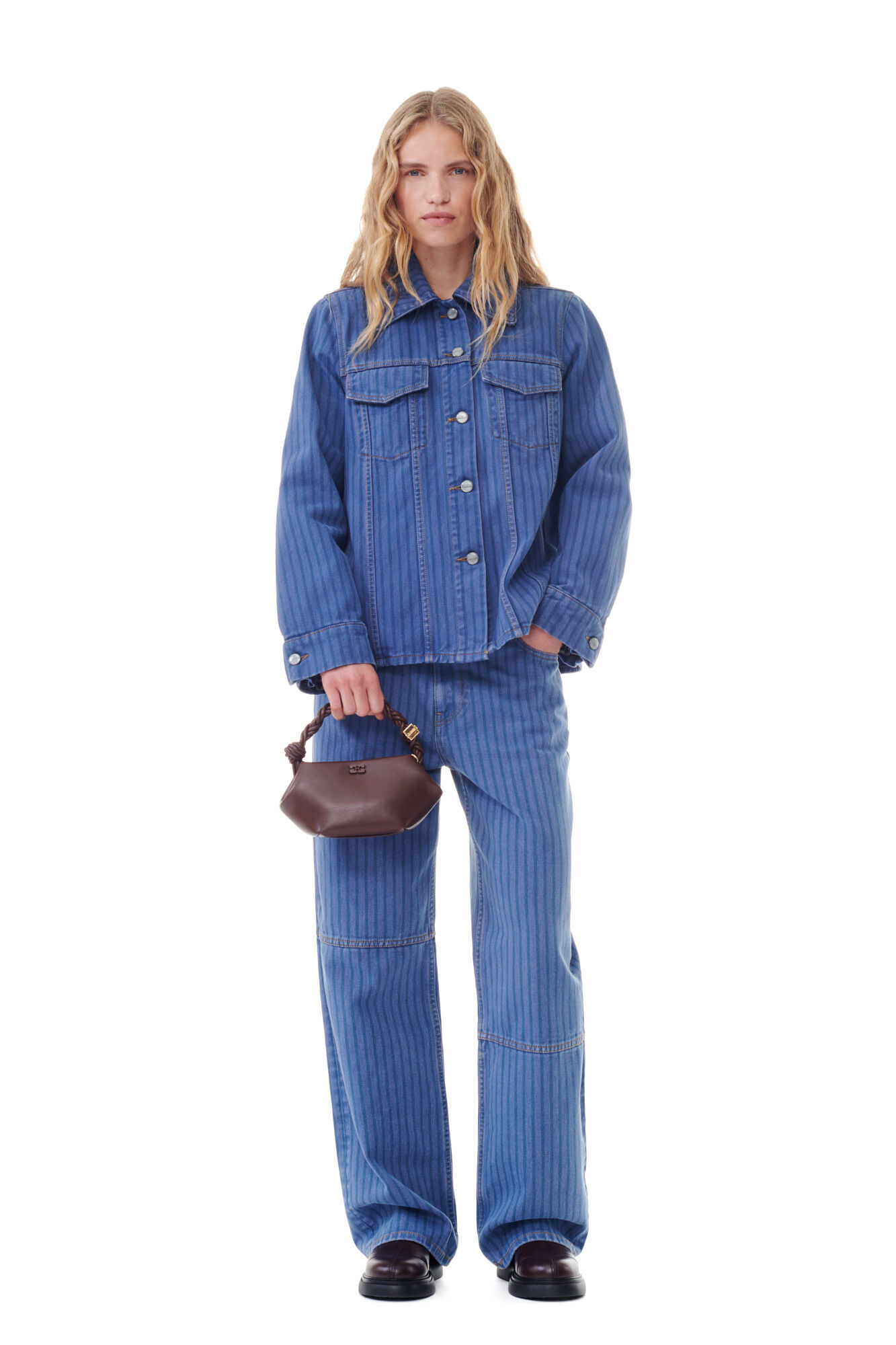 Ganni Stripe Overdyed Denim Jacket In Blue