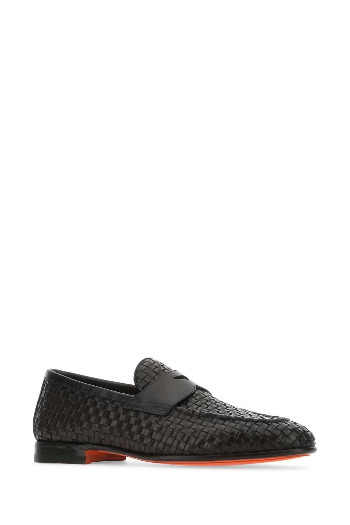 Santoni Gwendal Loafers Leather Sole Round Toe Woven Texture In Black