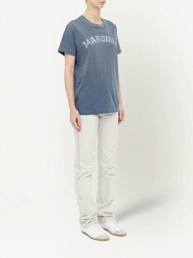 Maison Margiela Blue Crewneck T-shirt With Logo Lettering Print In Cotton Woman In Blue