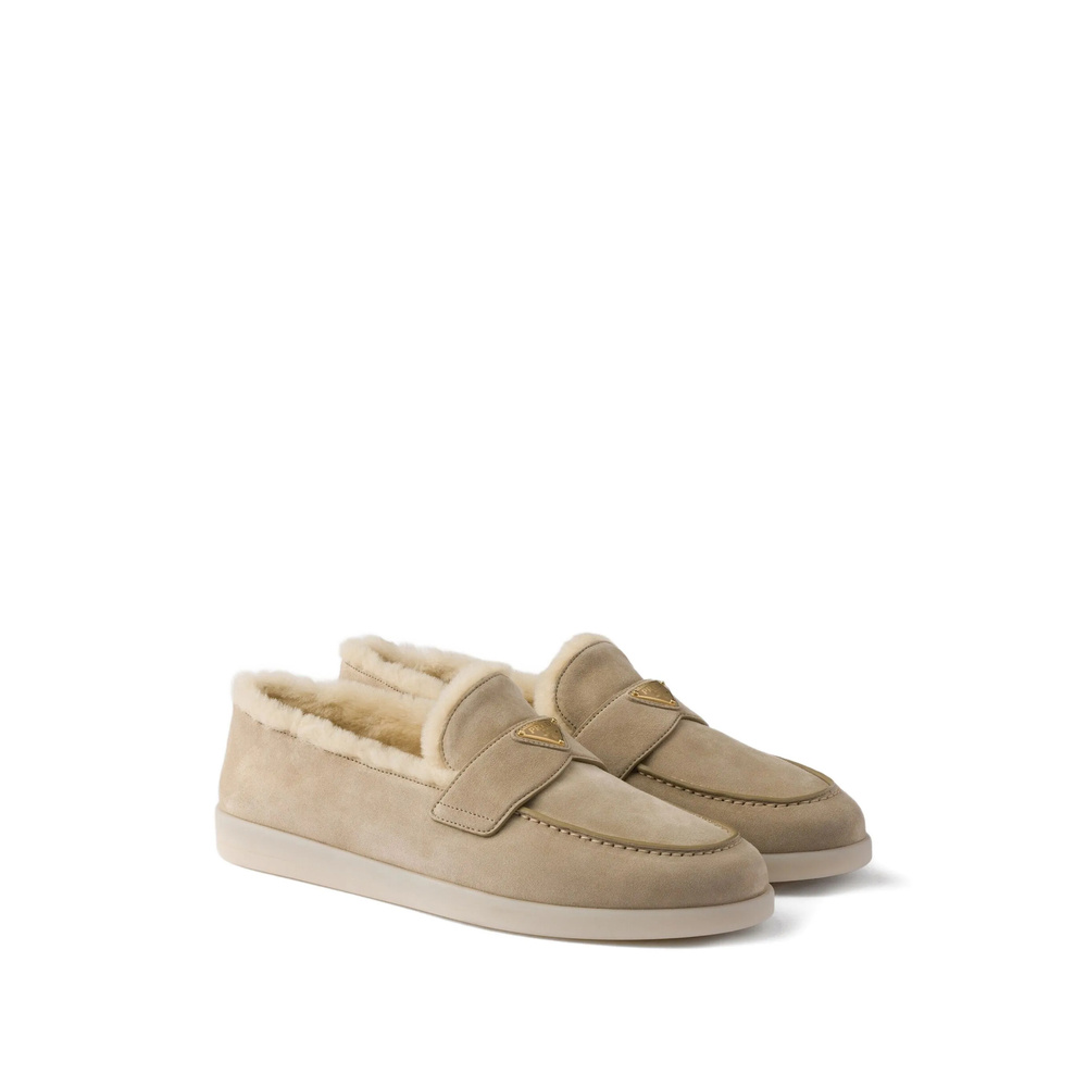 Prada Suede Shearling Loafers In Brown
