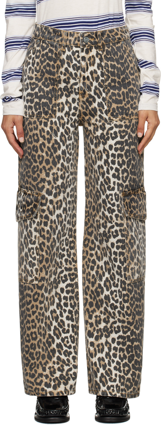 Ganni Angi Animal Print Cargo Jeans In Black