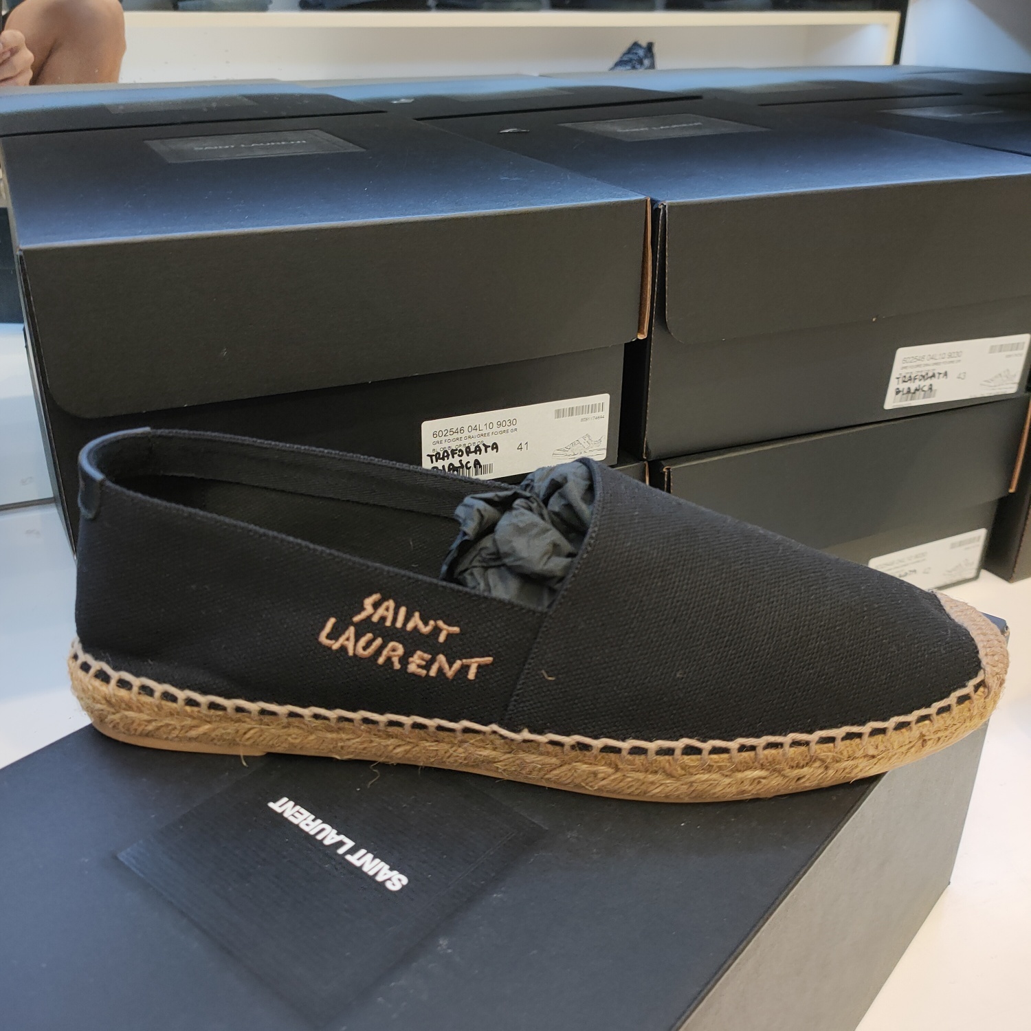 Shop Saint Laurent Embroidered Logo Espadrilles In Black