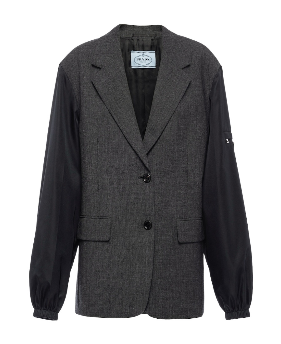 Prada Logo-plaque Buttoned Single-breasted Blazer In Gray