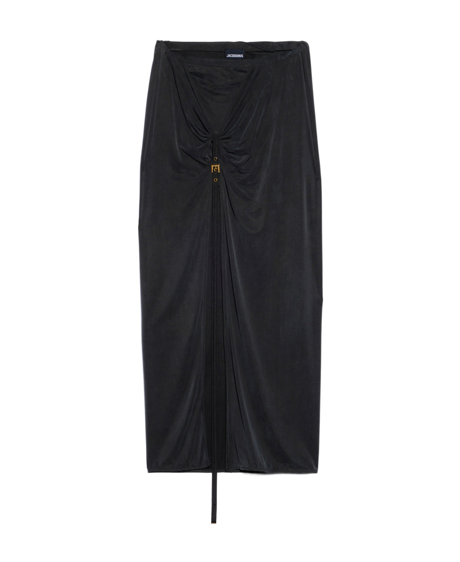 Jacquemus Pareo Croissant Buckle Slit Long Skirt In Black
