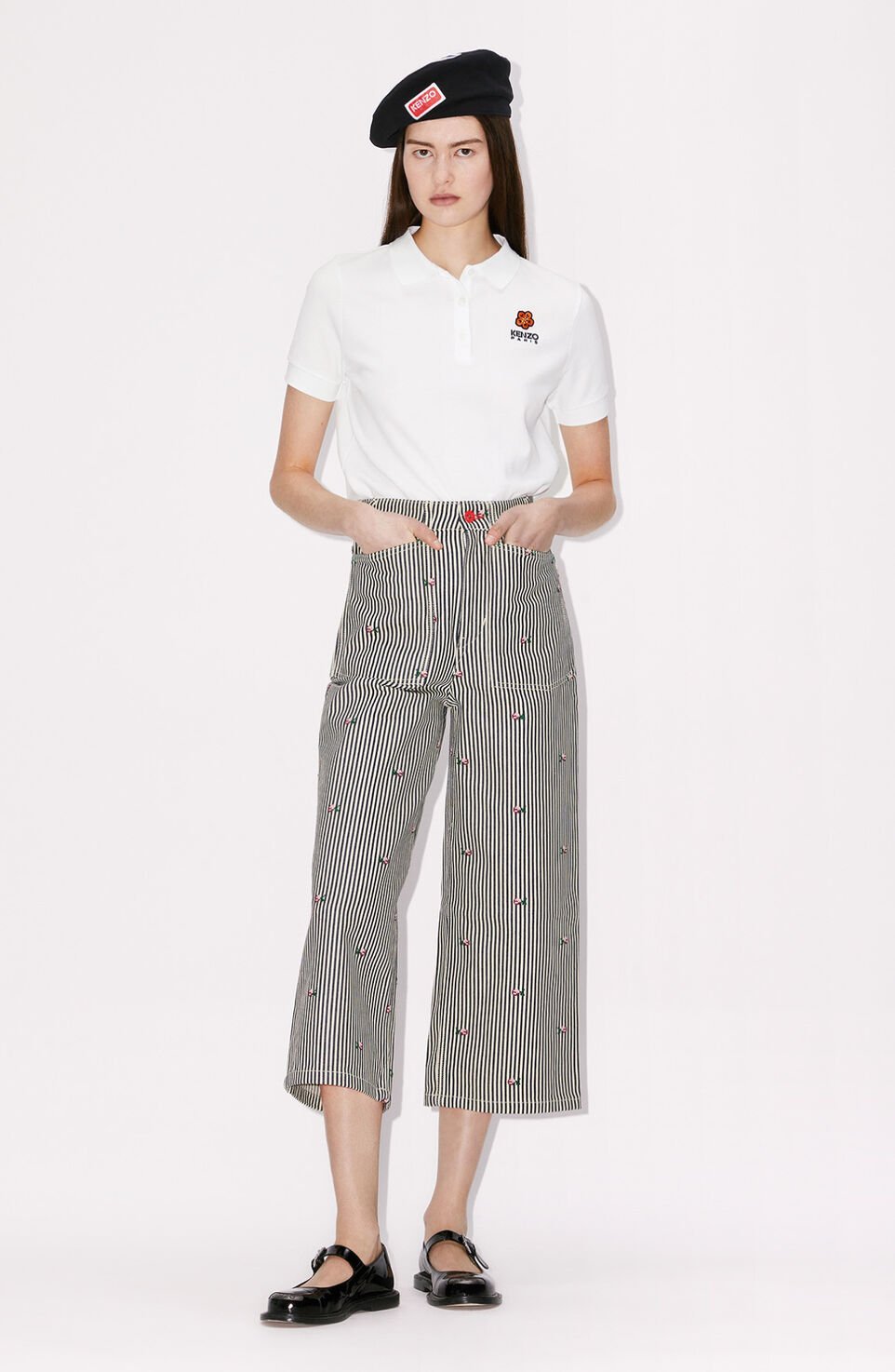 Kenzo Floral Embroidered Striped Cropped Jeans In Gray