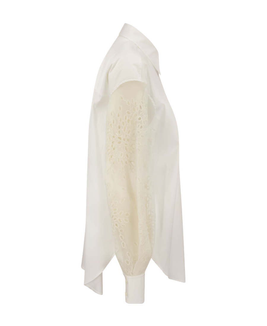 Brunello Cucinelli Stretch Cotton Poplin Shirt With Crispy Silk Broderie Anglaise Sleeve In White