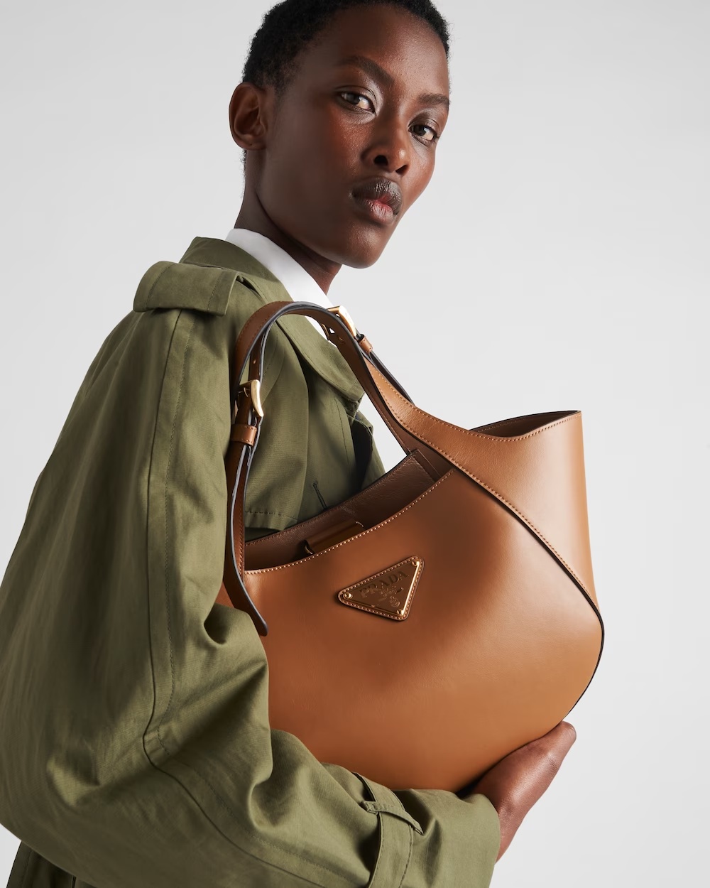 Prada Medium Enamel Triangle Logo Leather Tote Bag In Brown