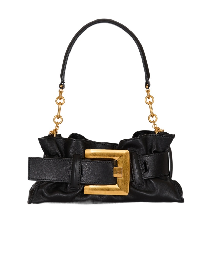 Balmain Anthem Mini Buckle Shoulder Bag In Calfskin Leather In Black