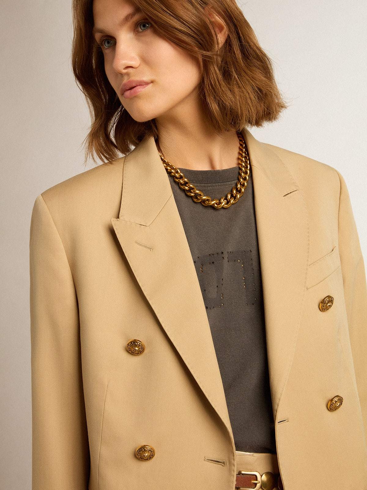 Golden Goose Womens Double-breasted Blazer In Sand With Gold Heraldic Buttons In Nude