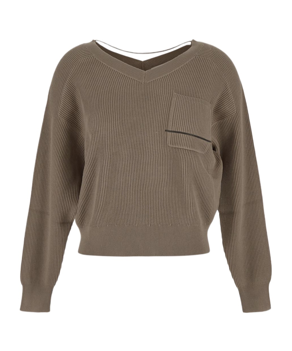 Brunello Cucinelli Cotton Rib Sweater With Jewel In Brown