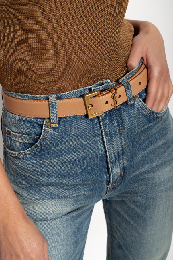 Saint Laurent Logo-plaque Leather Belt In Nude