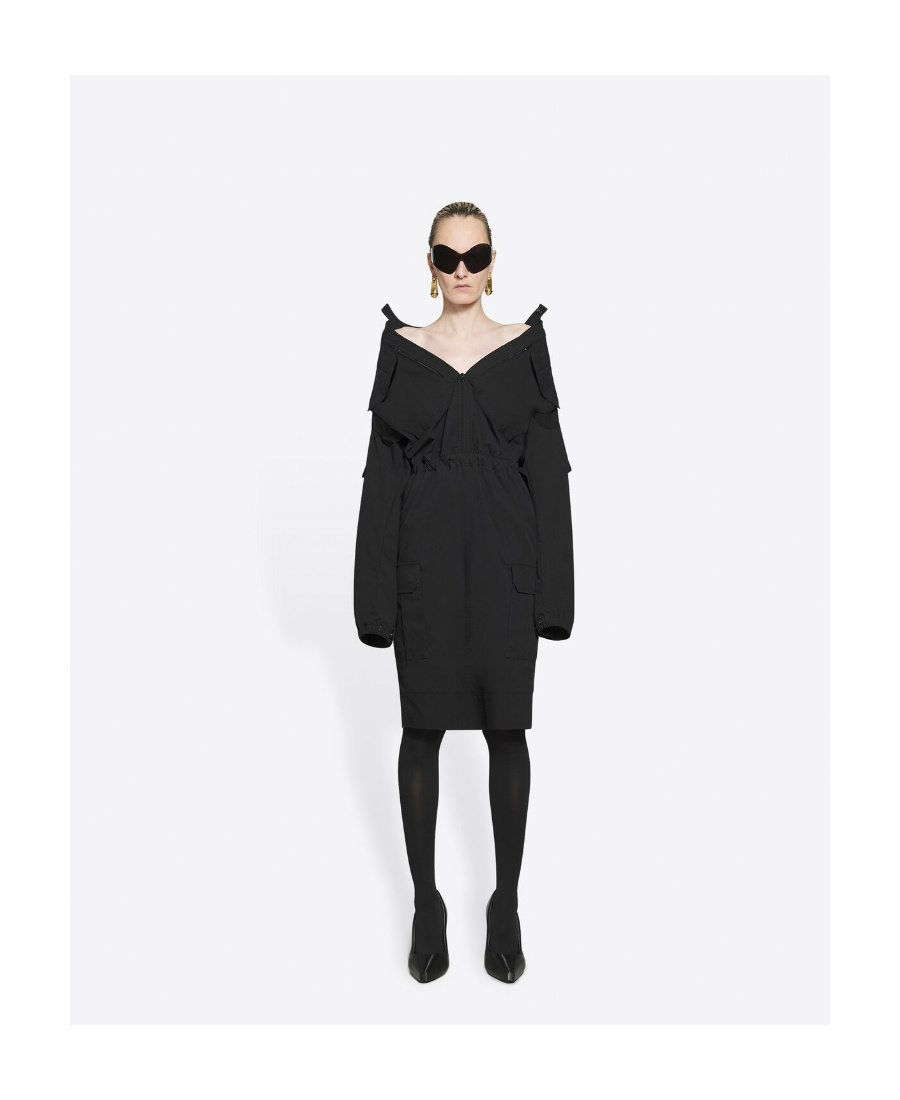 Balenciaga Off-shoulder Cargo Midi Dress In Black