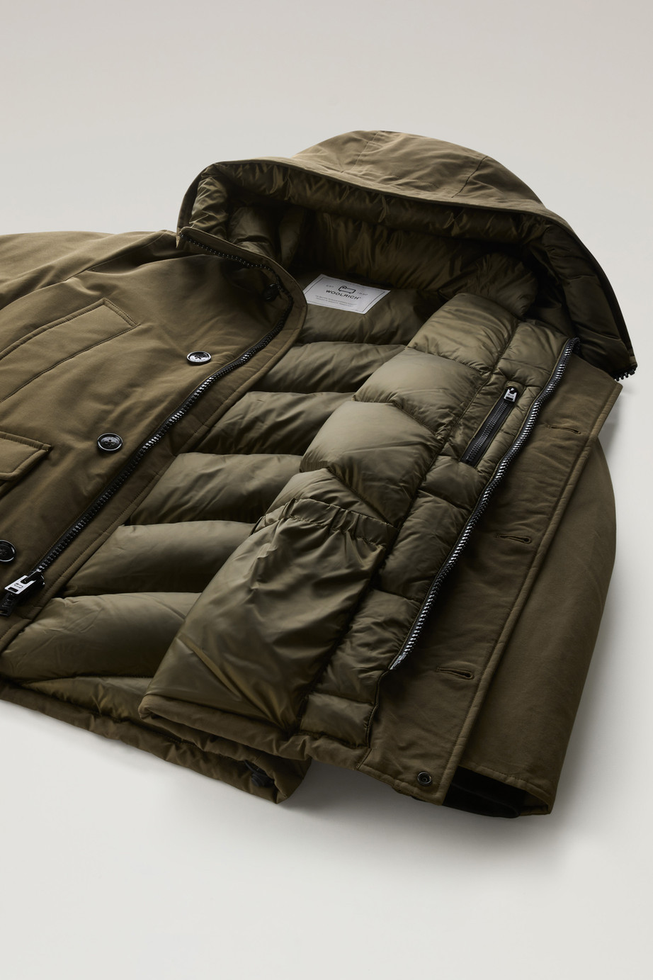 Woolrich Feather Down Padded Parka With Concealed Hood In Green