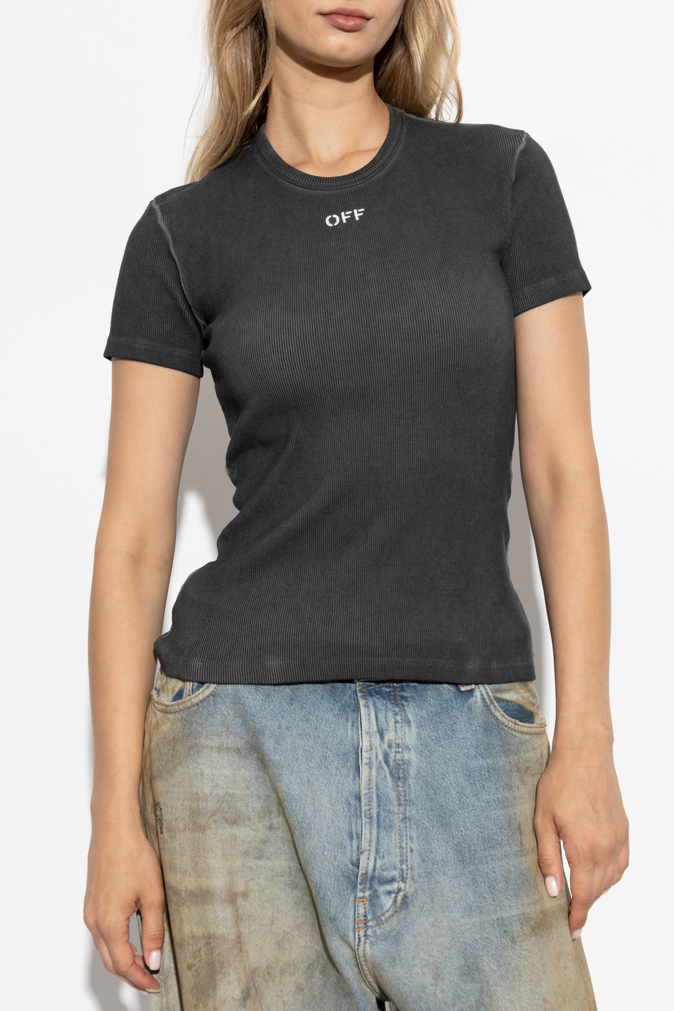 Off-white Off Stamp Rib Basic Tee Washed Grey Wh In Black