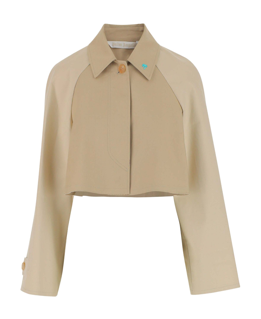 Palm Angels Palm Plaque Cropped Trench Coat In Nude