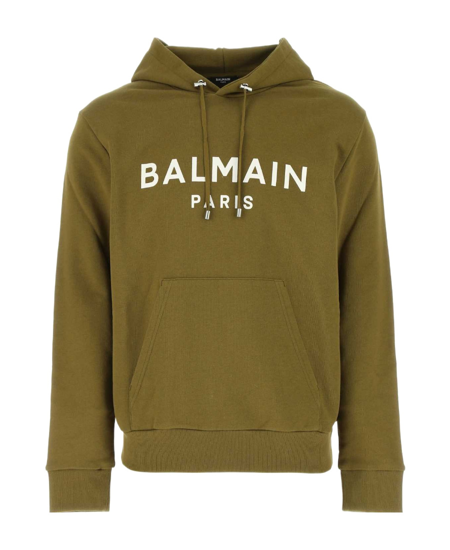 Balmain Drawstring Hooded Sweater With Front Pocket In Green
