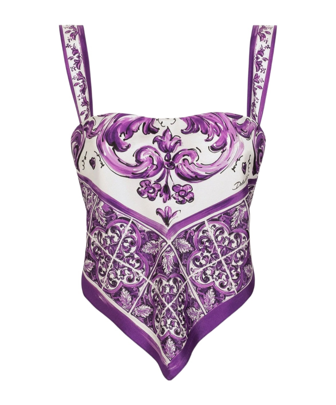 Dolce & Gabbana Silk Top With Majolica Print And Handkerchief Hem In Purple