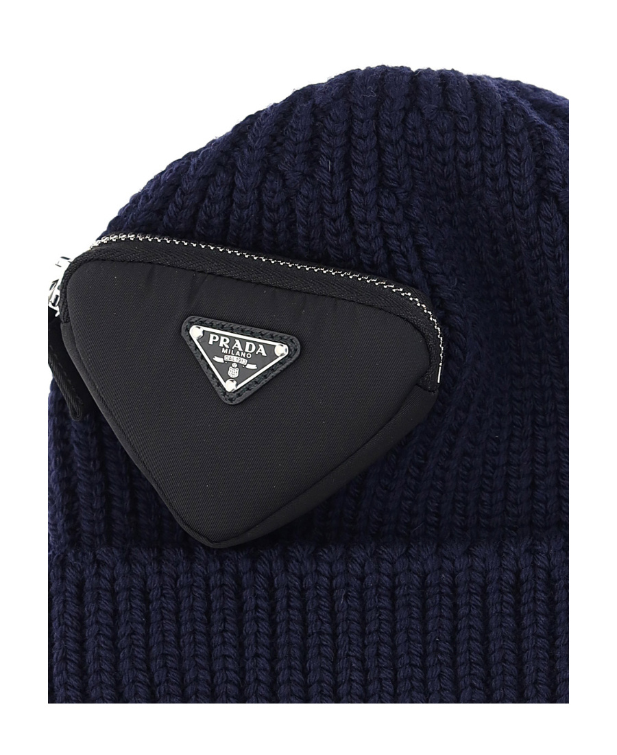 Prada Triangle Zipped Pouch Ribbed Beanie In Black