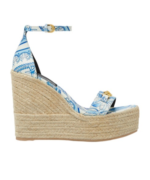 Versace Embellished Printed Leather Espadrille Wedge Sandals In Blue