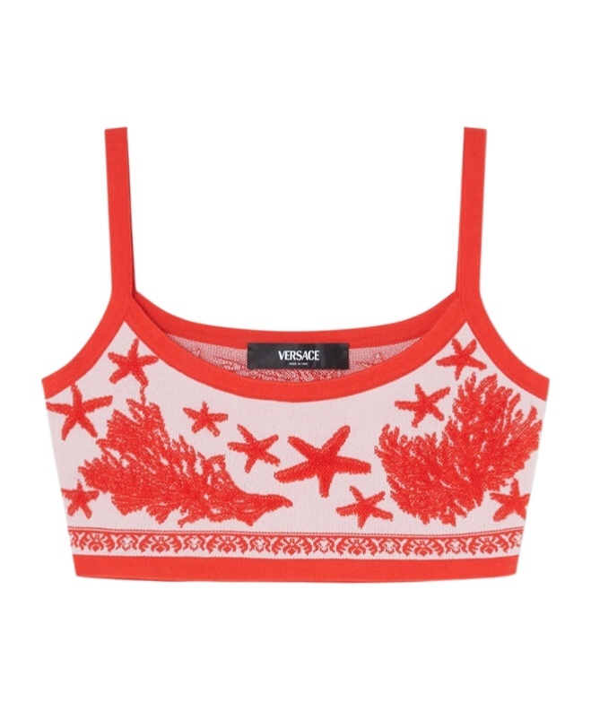 Versace Tresor De La Mer Towel-stitch Jacquard Knit Crop Top In Red