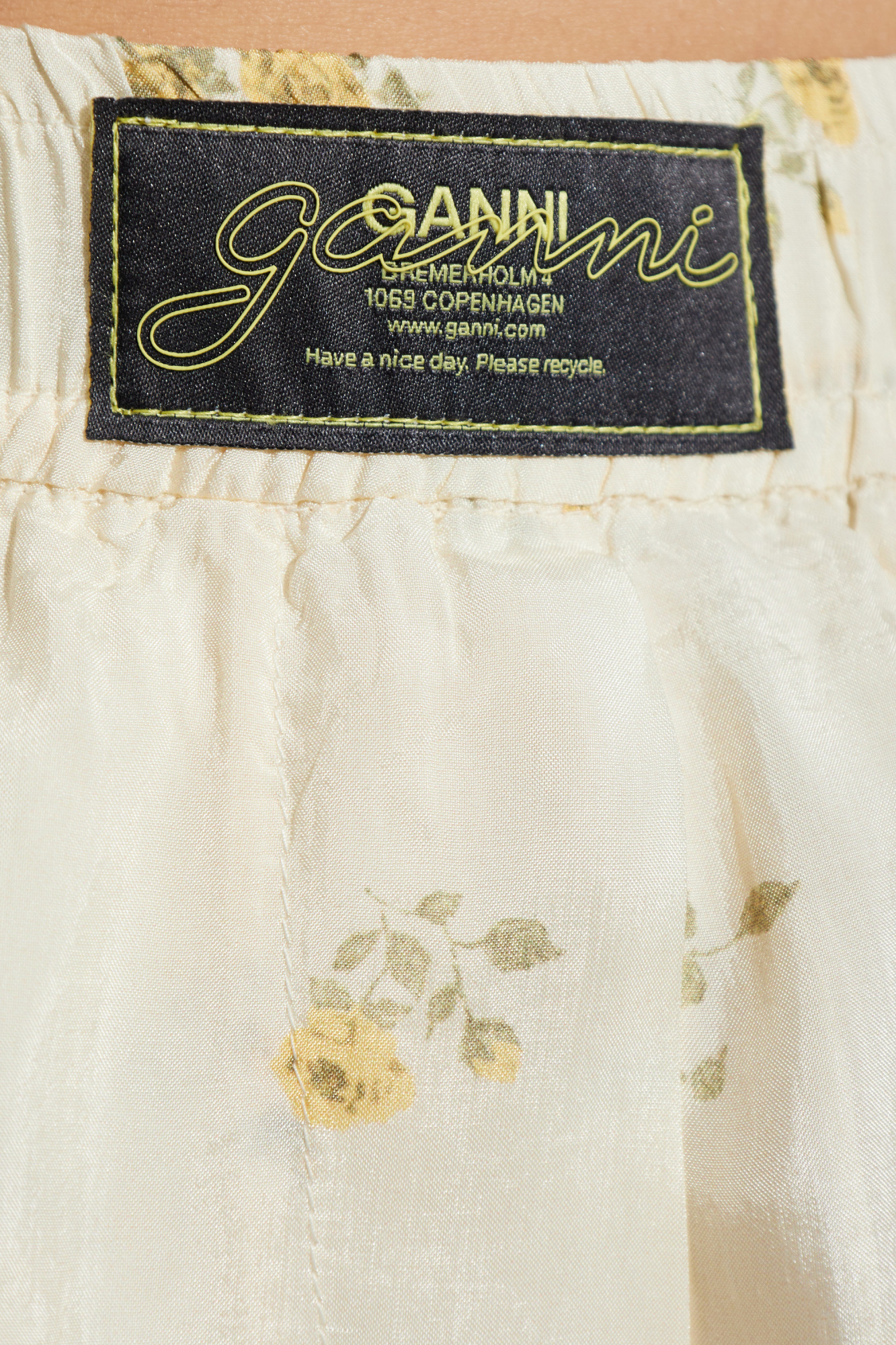 Ganni Womens Antique White Floral-print Lace-trim Woven Shorts In Yellow