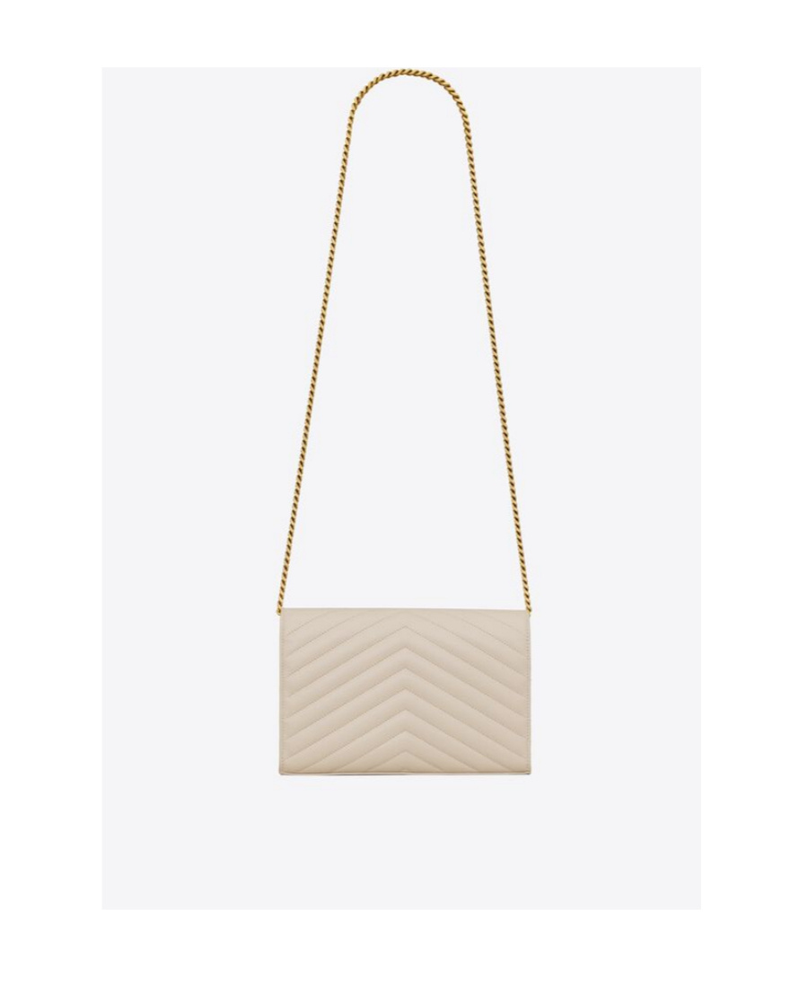 Saint Laurent Cassandre Envelope Leather Chain Wallet In Nude