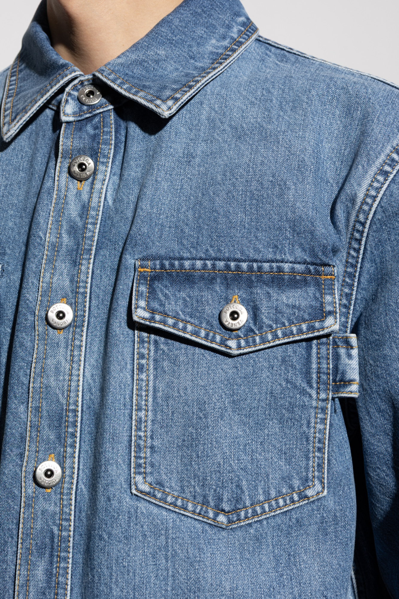 Bottega Veneta Denim Shirt With Flap Pockets And Contrasting Stitching In Blue