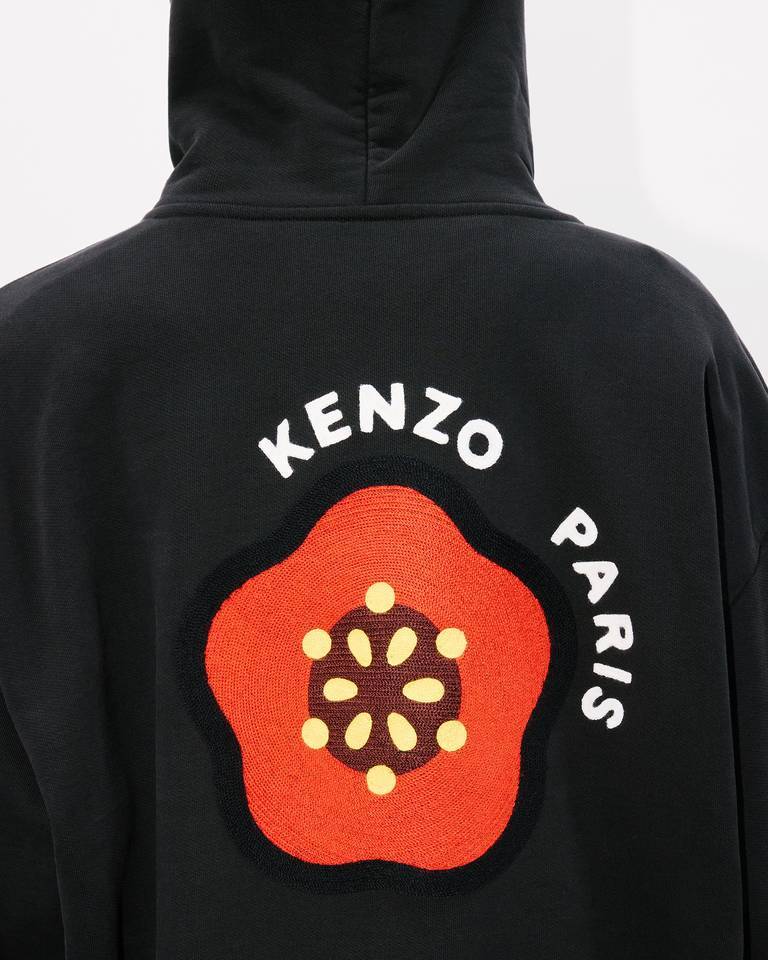 Kenzo Black Sweatshirt In Light Fllece With Broke Flower Embroidery To The Chest  Man In Black